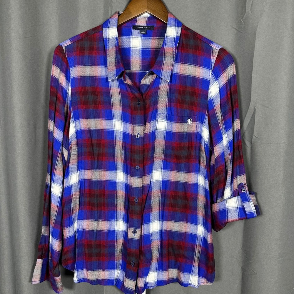 Tommy Hilfiger Blue Red Plaid Utility Long Sleeve Shirt Roll‎ Tab L Preppy